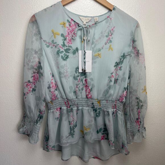 Ted Baker London Klara Sorbet Floral Ruffle Peplum Top Size 2 - Picture 2 of 14